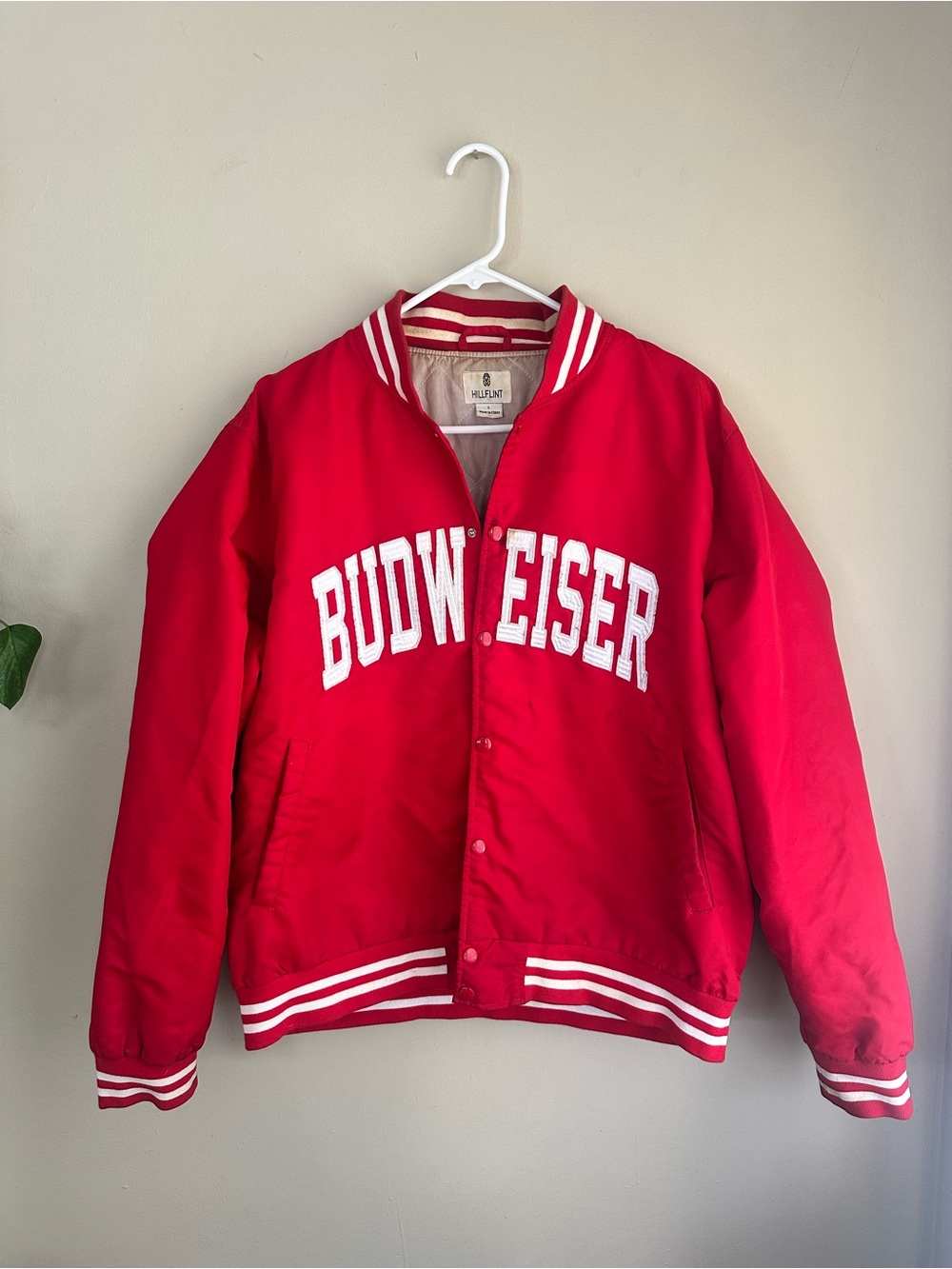 Vintage Hillflint Budweiser Red Satin Varsity-Style Bomber Jacket